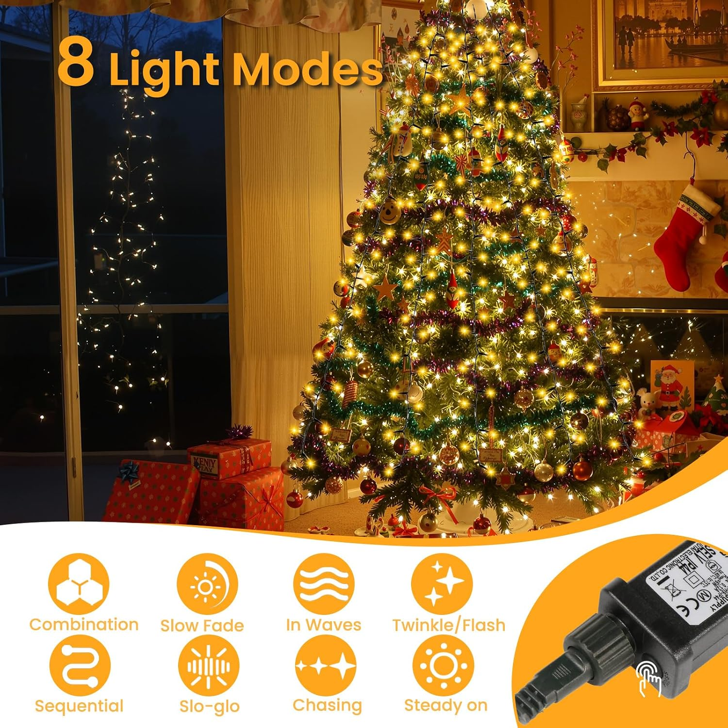 Ein beleuchteter Weihnachtsbaum mit Geschenken, Lichtmodi und einem Netzteil unten.