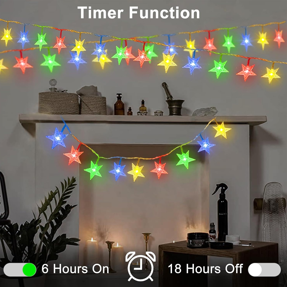 Bunte LED-Sternen-Lichterketten hängen an einer Wand über einem Kamin.