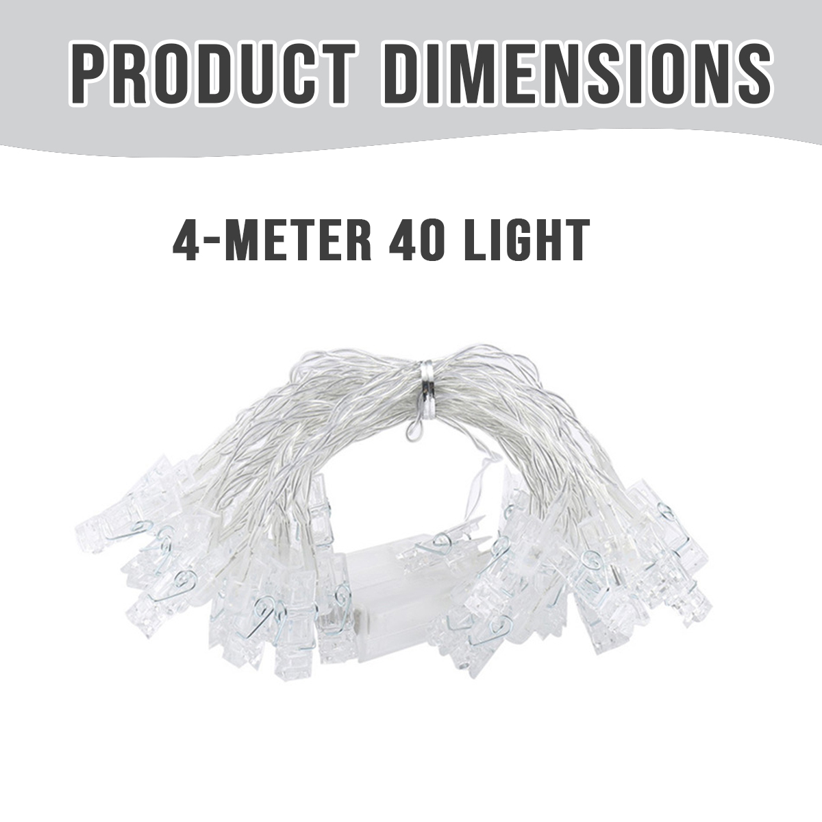 Produktabmessungen Text mit 4-Meter 40-Lichter-Lichterkette mit transparenten Klammern.