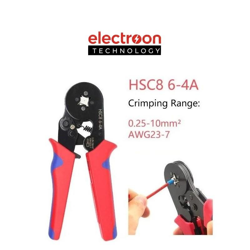 Teknik özellikler ve kullanım örneğiyle kırmızı-mavi HSC8 6-4A krimp pensesi.