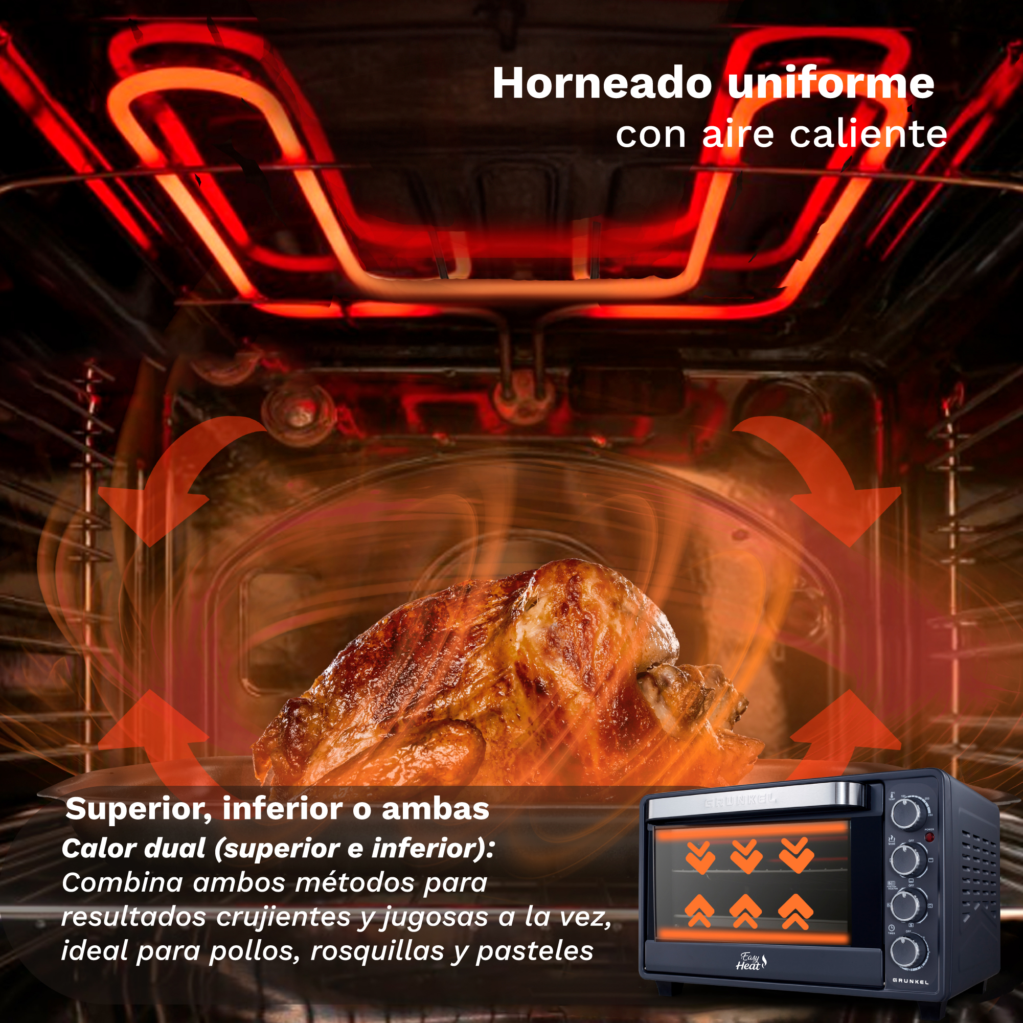 Un pollo asado se hornea dentro de un horno con resistencias rojas y textos superpuestos.