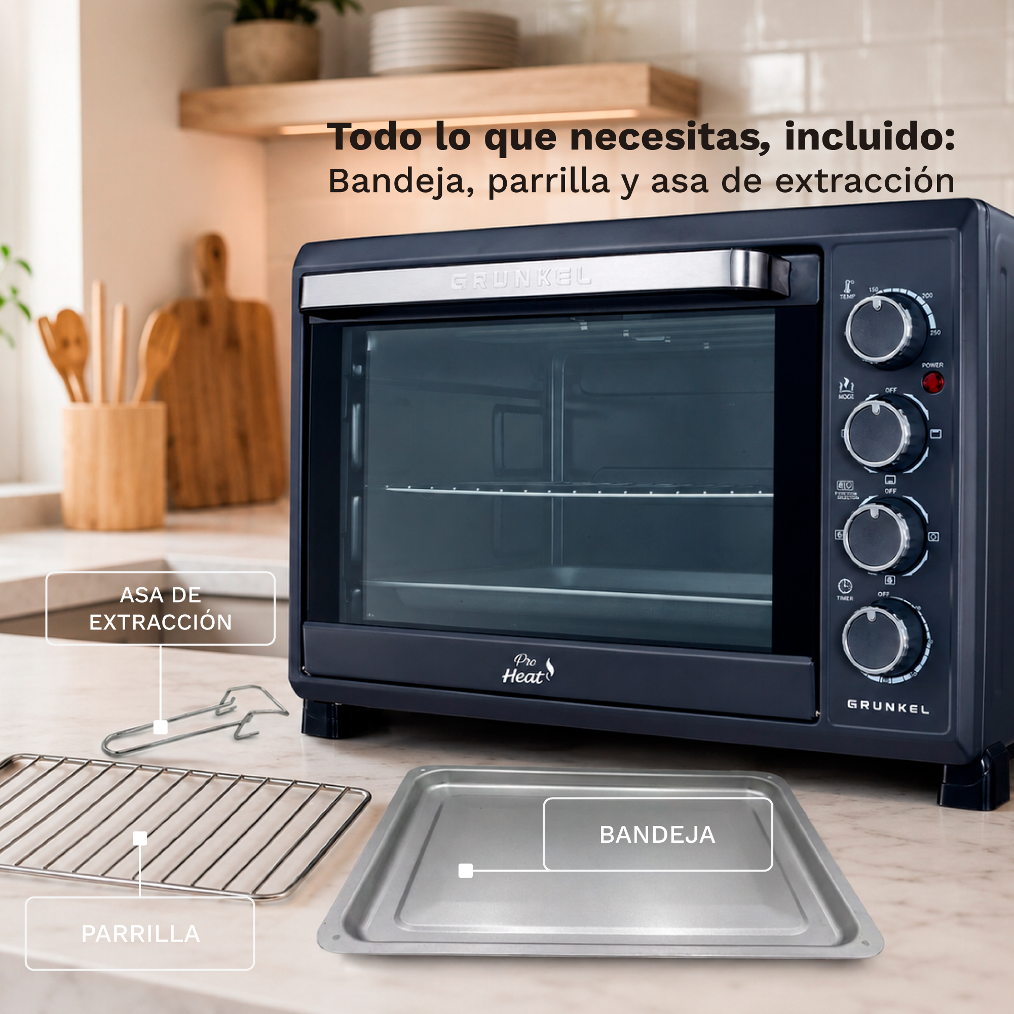 Un mini horno negro en la encimera con bandeja, parrilla y asa de extracción al frente.