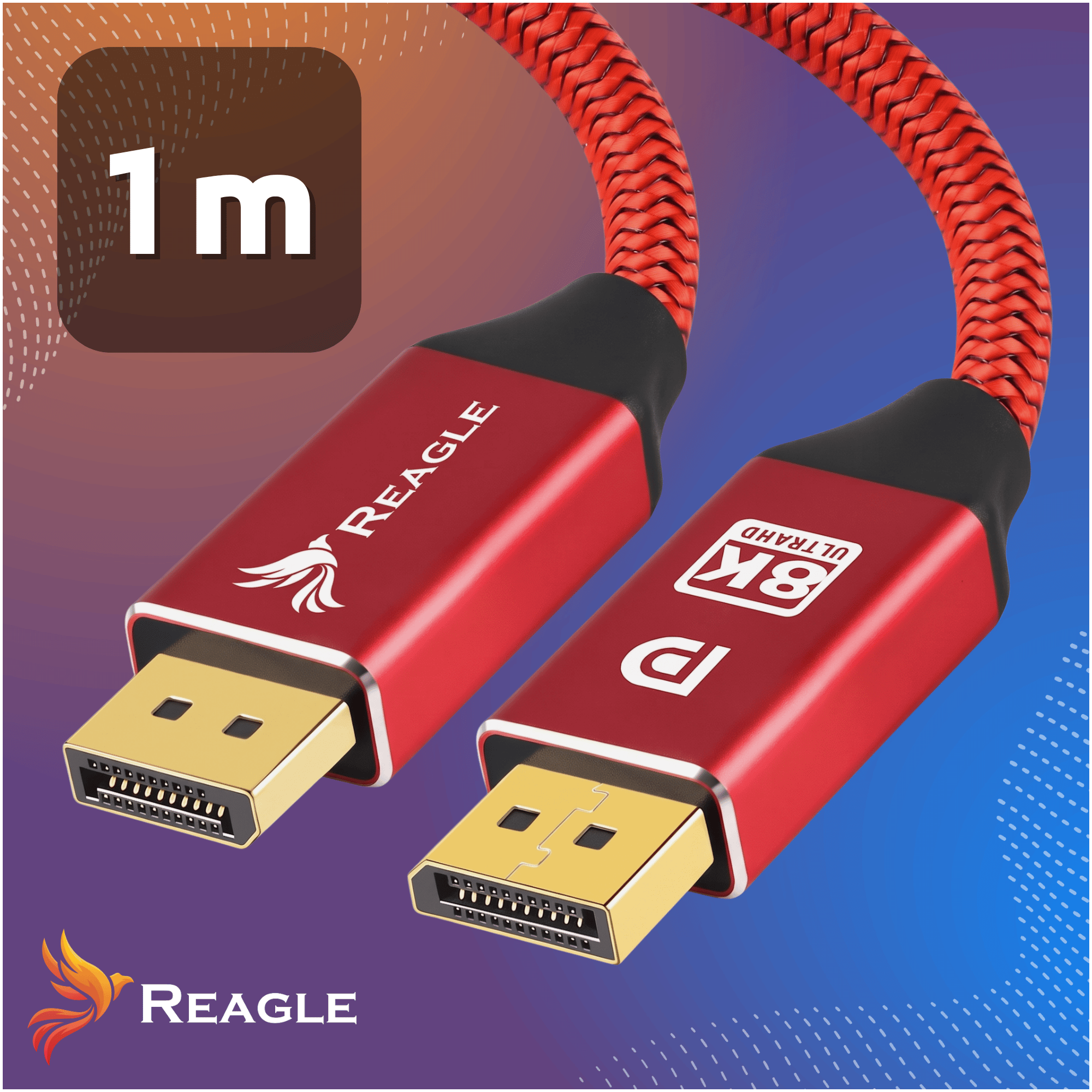Zwei rote DisplayPort-Kabel mit goldenen Anschlüssen, Reagle-Markenlogo und 1m-Hinweis auf blau-orangefarbenem Hintergrund.