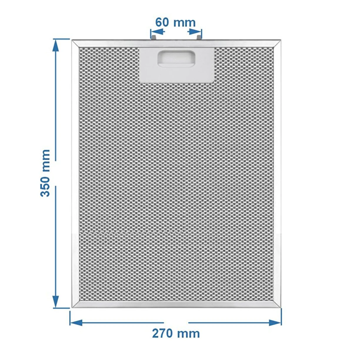 Beyaz arka planda 350x270x60 mm ölçülerinde gümüş renkli davlumbaz filtresi.