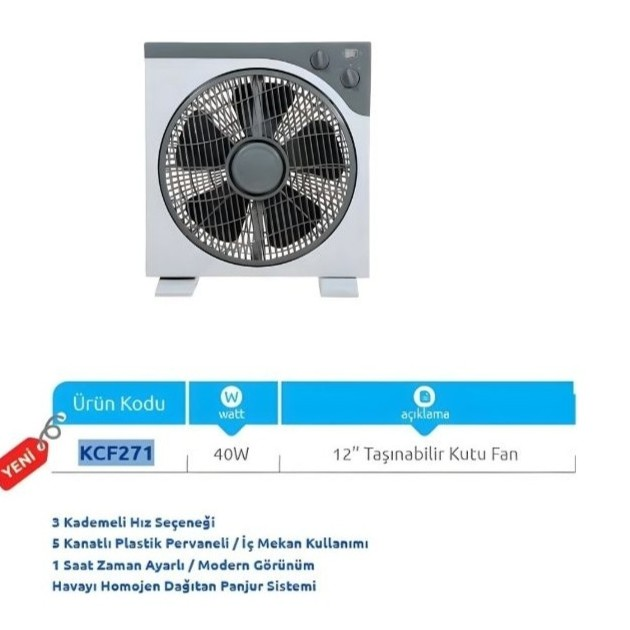 Beyaz ve gri renkli, beş kanatlı, 40W kutu vantilatör ve altında ürün özellikleri, beyaz arkaplan.