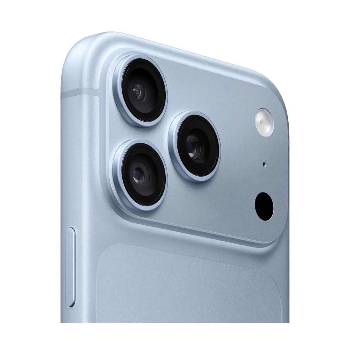 Primo piano del retro di uno smartphone azzurro con tre obiettivi, flash e microfono.