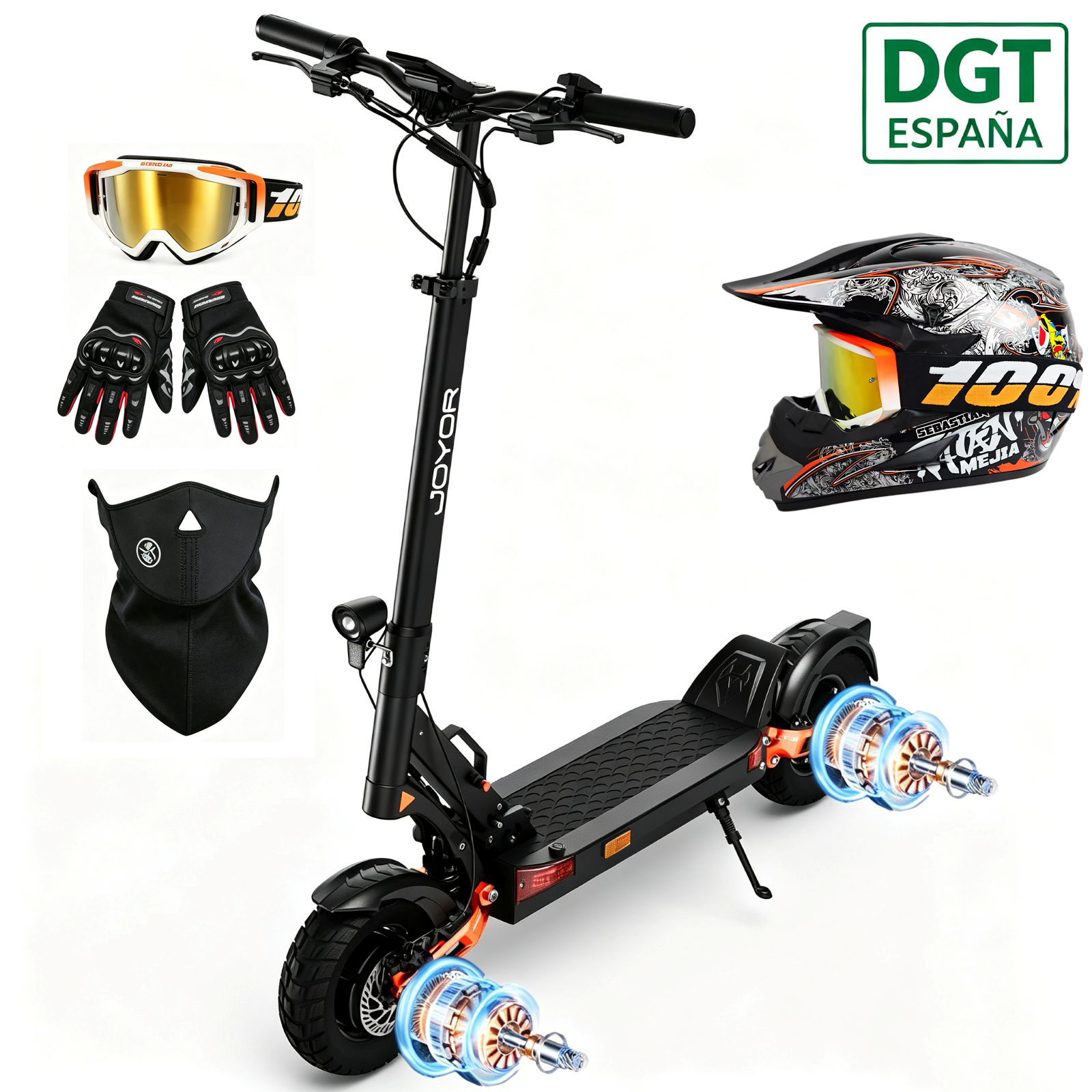 Patinete eléctrico negro con casco, gafas, guantes, mascarilla y logo DGT España.