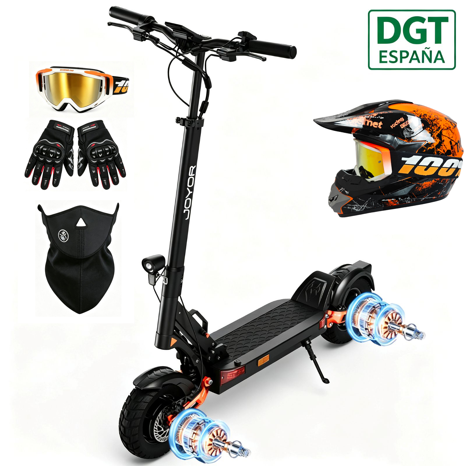 Un patinete eléctrico Joyor negro con doble motor, casco, gafas, guantes y una mascarilla sobre fondo blanco.