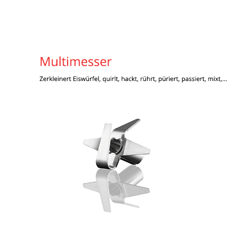 Ein silbernes Multimesser mit mehreren Klingen auf weißem Hintergrund und deutscher Text.