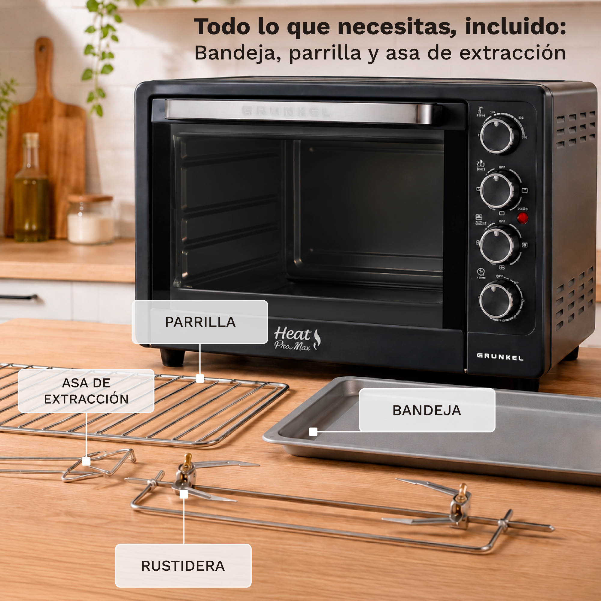 Un horno de sobremesa negro con bandeja, parrilla y asa en una mesa de madera.
