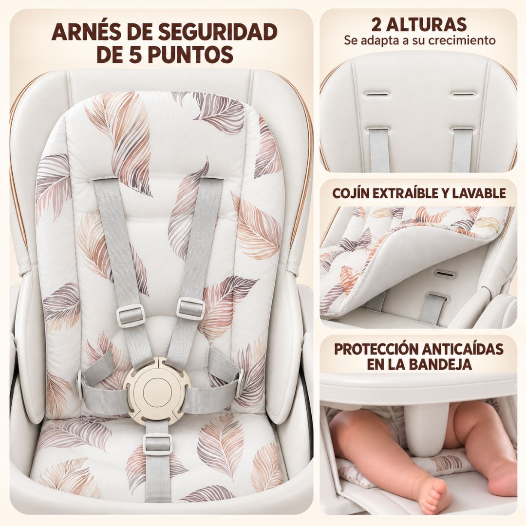 Características de una trona con arnés de 5 puntos, altura ajustable, cojín extraíble y protección anticaídas.