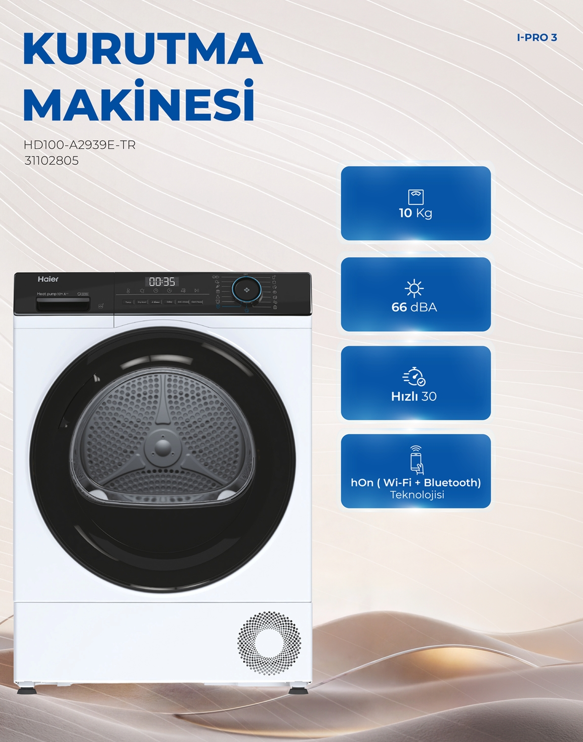 Asciugatrice a pompa di calore Haier con corpo bianco, porta nera e riquadri blu.