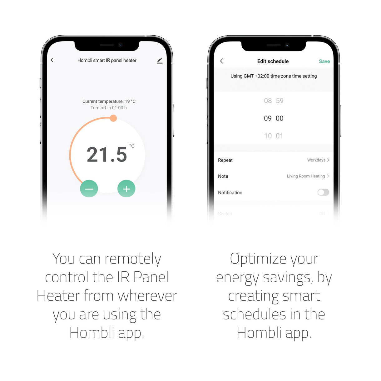 Zwei Smartphones zeigen die Hombli-App zur Steuerung und Zeitplanung einer Infrarotheizung.