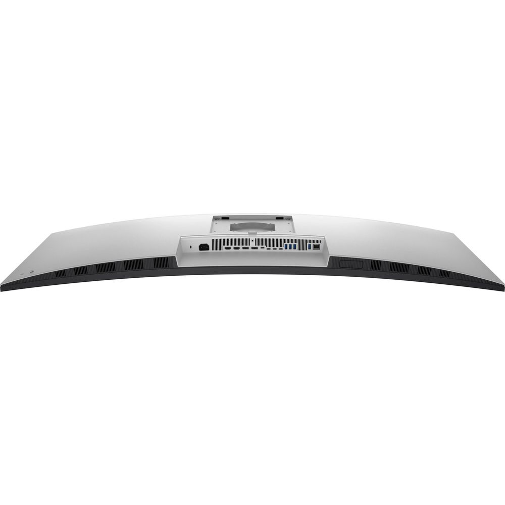 Vista posteriore di un monitor per computer curvo argentato che mostra il pannello delle porte e il supporto su sfondo bianco.