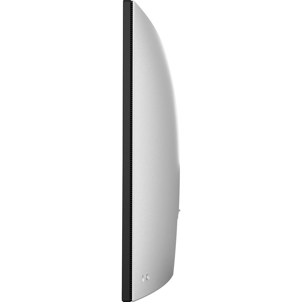 Vista laterale di un computer all-in-one argentato e sottile con cornice nera su sfondo bianco.