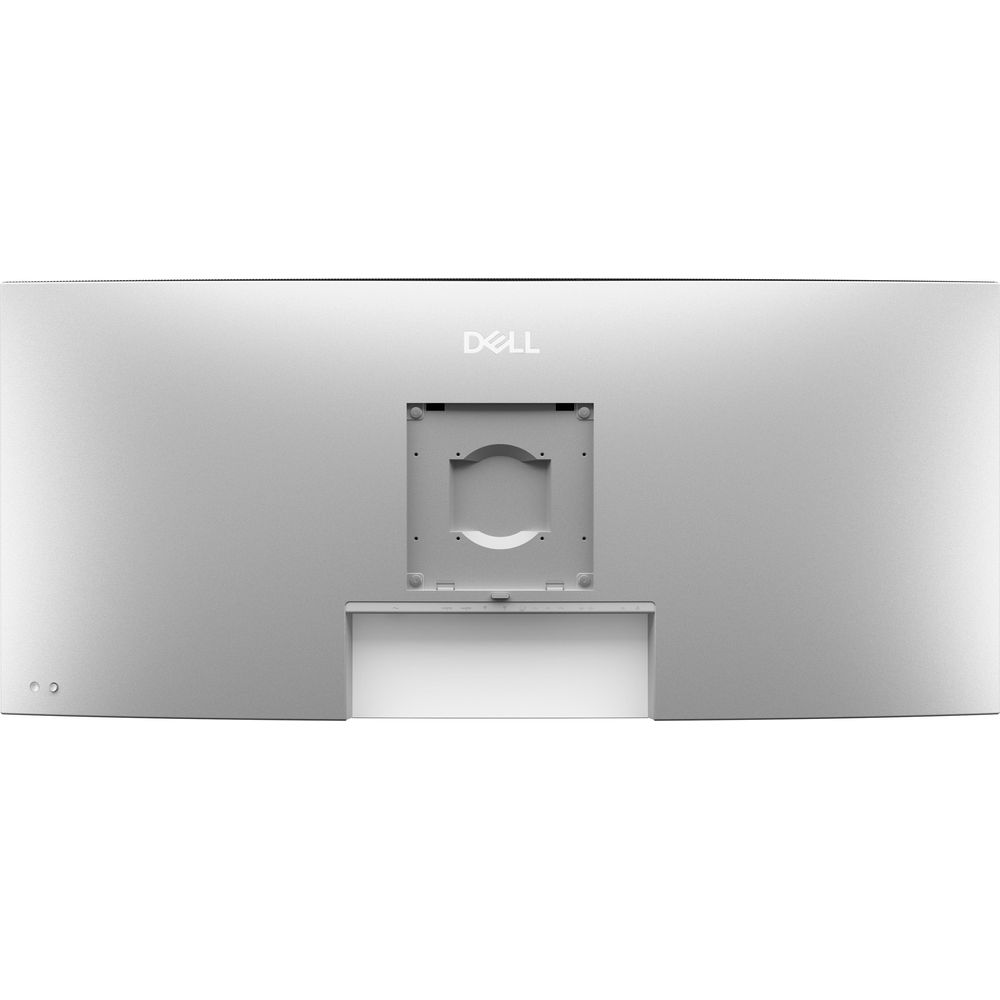 Vista posteriore di un monitor Dell argento con logo, supporto VESA e porte.