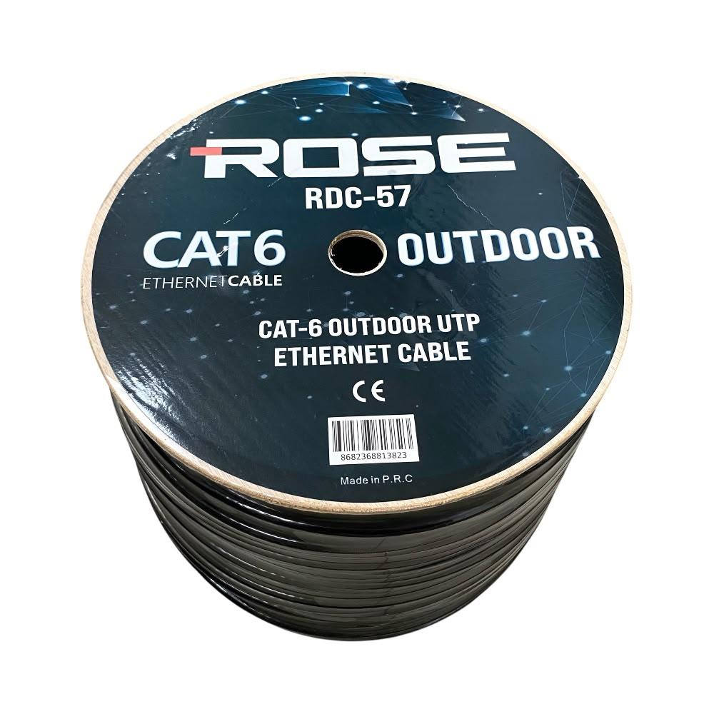 Beyaz arka planda siyah Cat 6 dış mekan ethernet kablosu makarası, ROSE RDC-57 modeli.