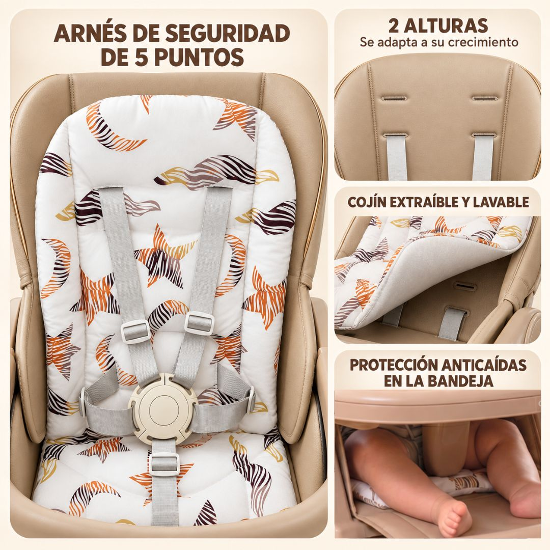 Una trona beige para bebé con arnés de 5 puntos, cojín lavable y protección anticaídas en la bandeja.