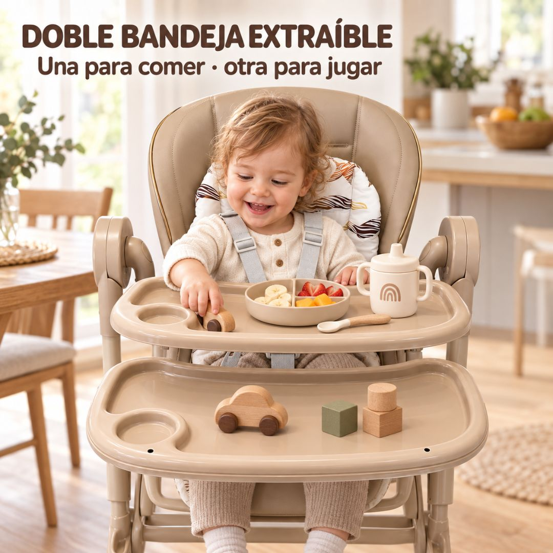 Niño pequeño sentado en trona beige con doble bandeja, un plato de fruta y juguetes de madera.