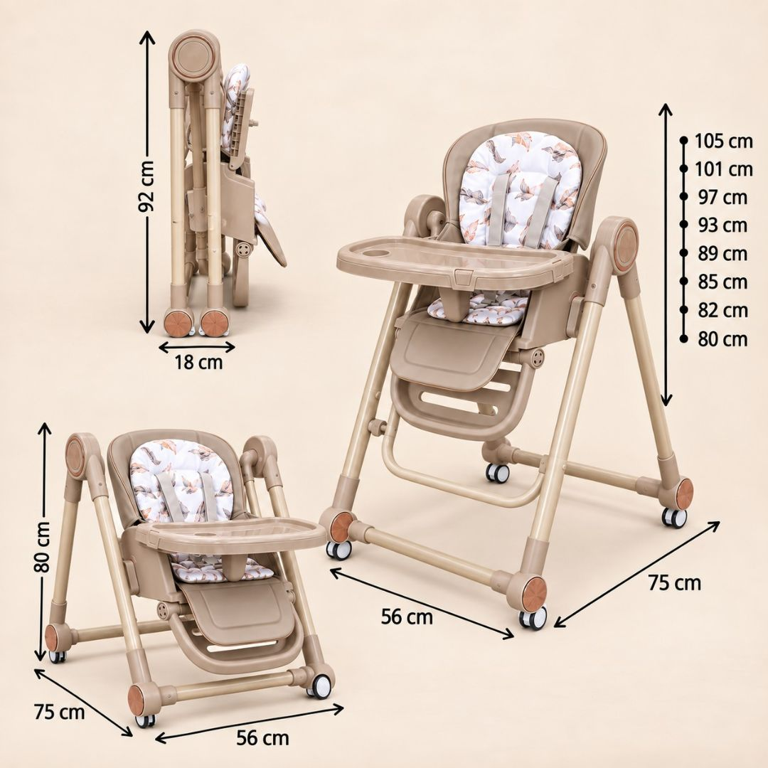 Silla alta para bebé beige y marrón mostrada en varias posiciones con medidas.