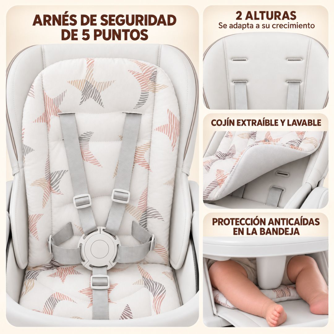 Una trona para bebé con arnés de 5 puntos, alturas ajustables, cojín extraíble y protección.