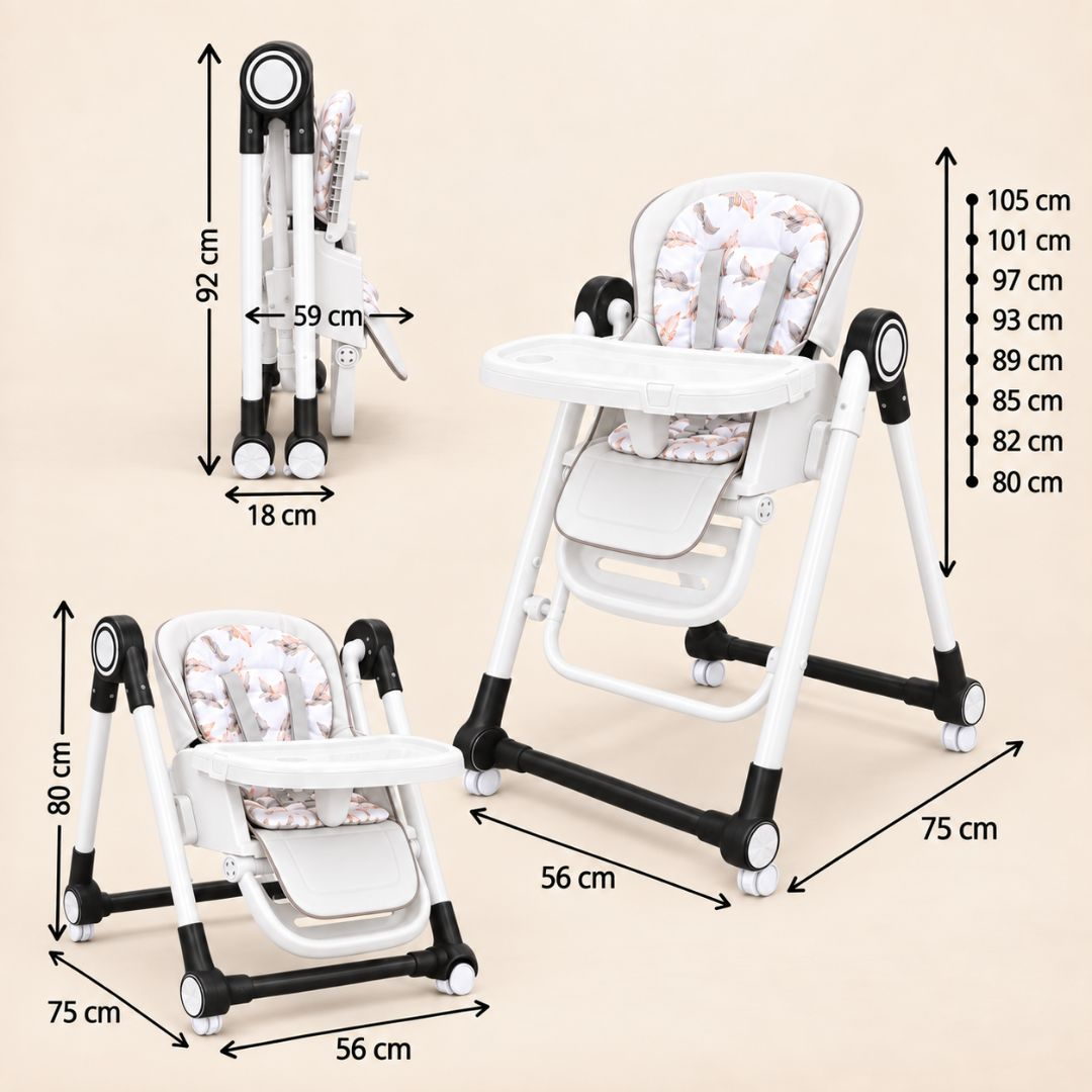 Trona para bebé blanca y negra mostrada en tres configuraciones con medidas y cojines estampados.