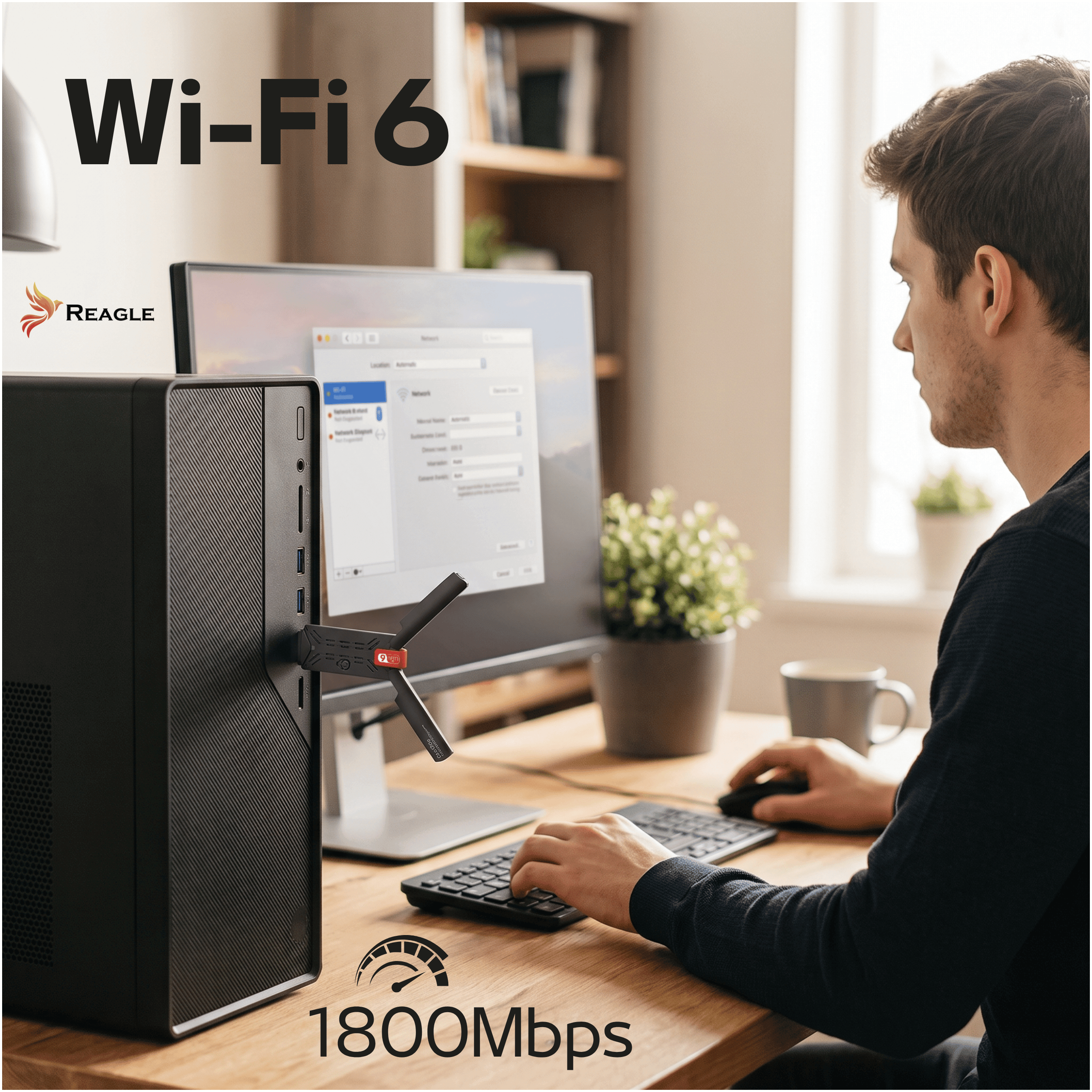 Mężczyzna siedzi przy drewnianym biurku przed komputerem z adapterem Wi-Fi 6.