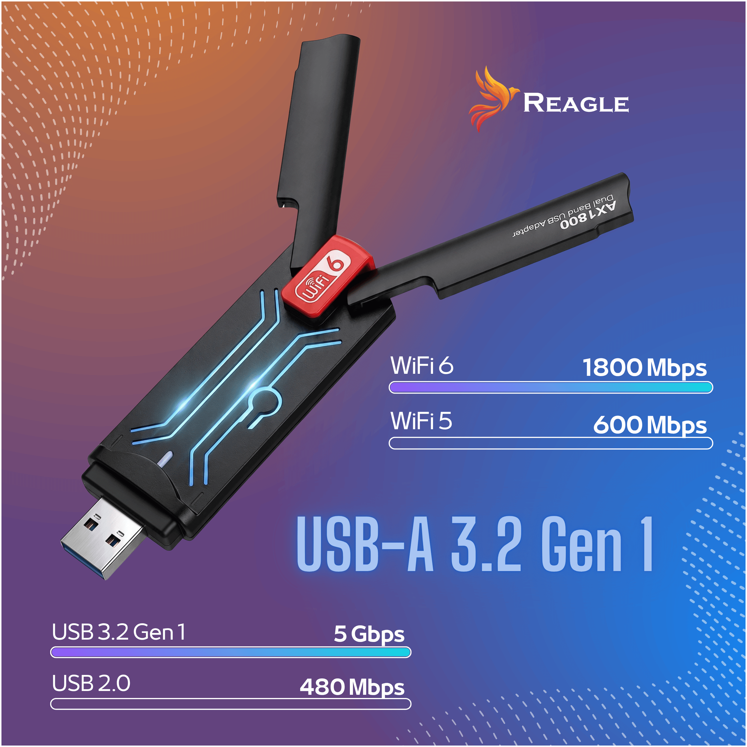 Czarny adapter USB WiFi 6 Reagle AX1800 z dwiema rozkładanymi antenami na tle z gradientem.