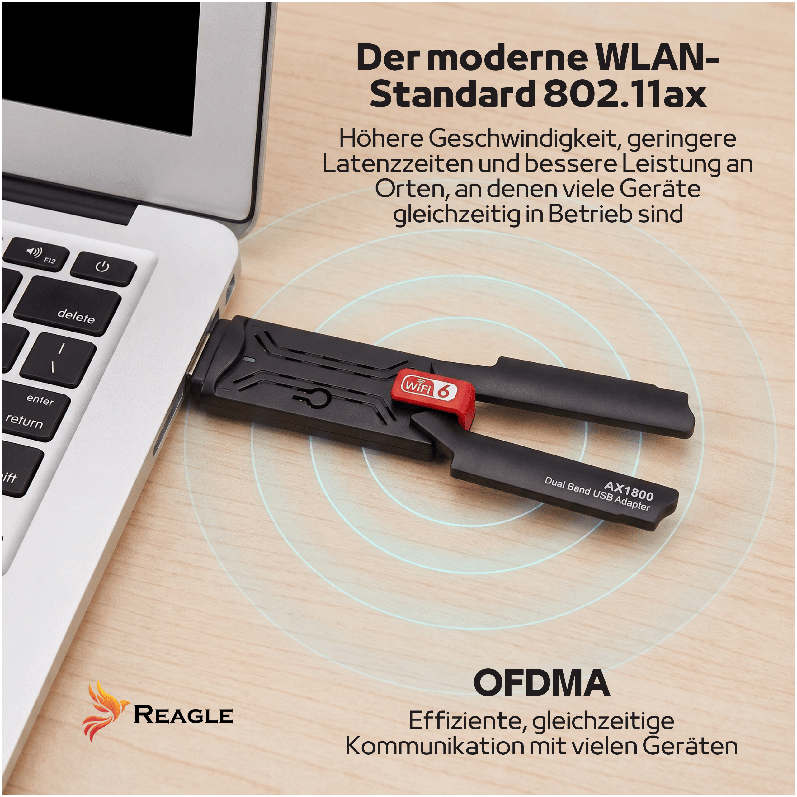 Adapter USB WiFi 6 jest podłączony do laptopa, otoczony niemieckim tekstem promocyjnym.