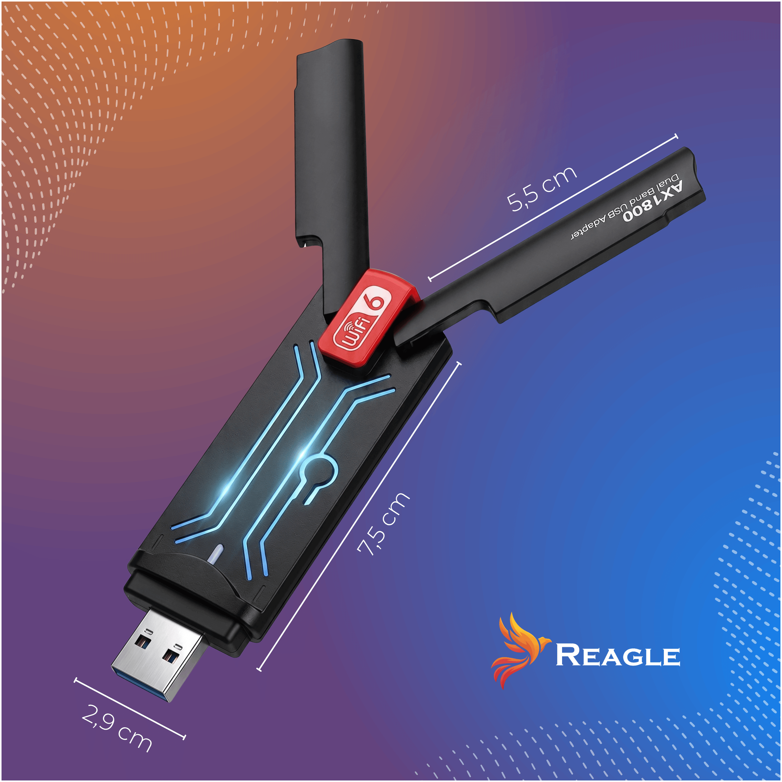 Adapter USB Wi-Fi 6 AX1800 z dwiema antenami, niebieskimi liniami obwodu i wymiarami na tle gradientowym.