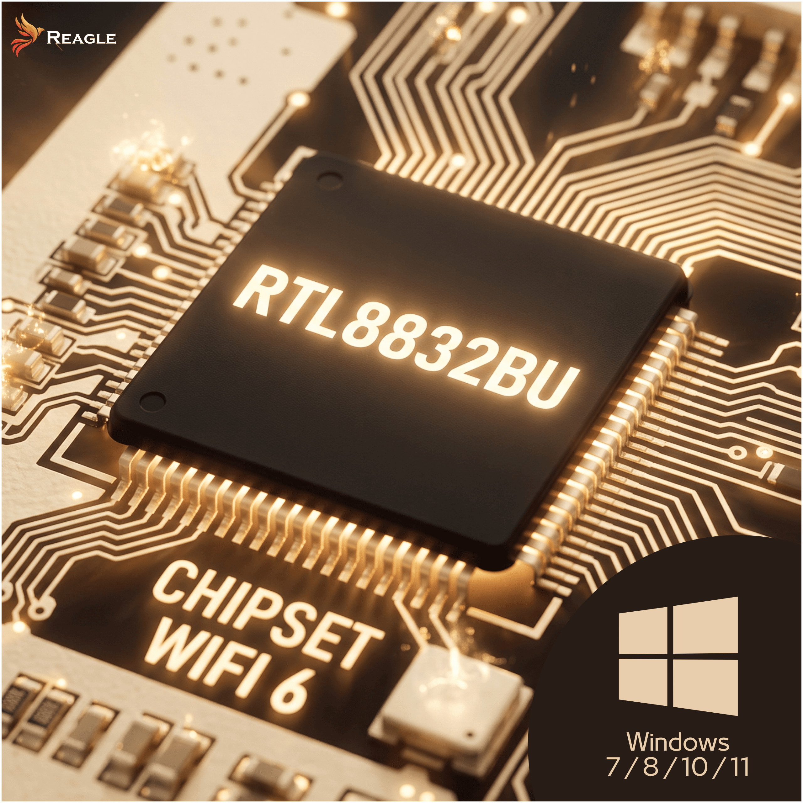Podświetlony chipset RTL8832BU Wifi 6 na płytce drukowanej z logo Windows w rogu.