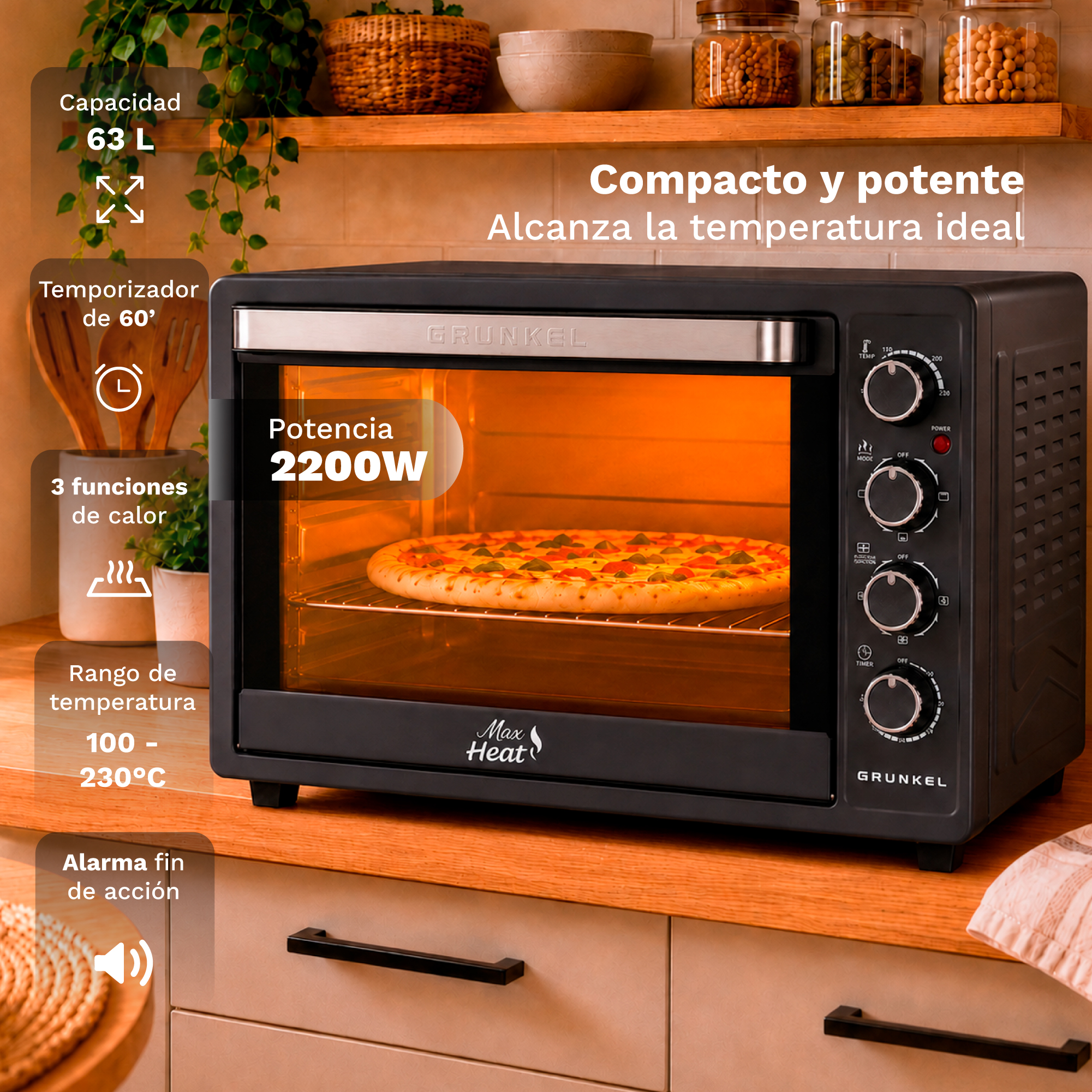 Un horno eléctrico negro Grunkel sobre una encimera de madera con una pizza dentro y textos.