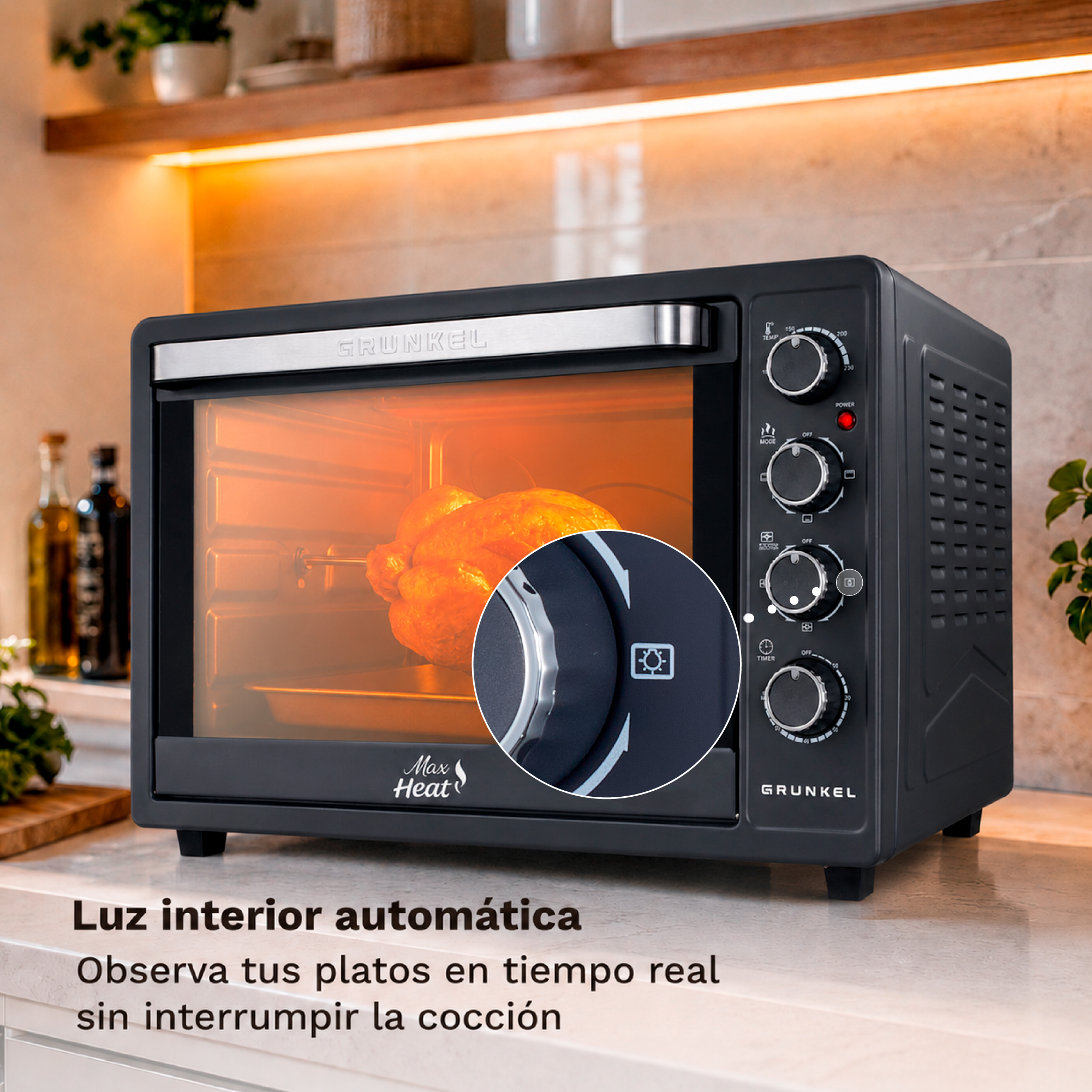 Un horno negro Grunkel asa un pollo, con un círculo que muestra el mando de control.