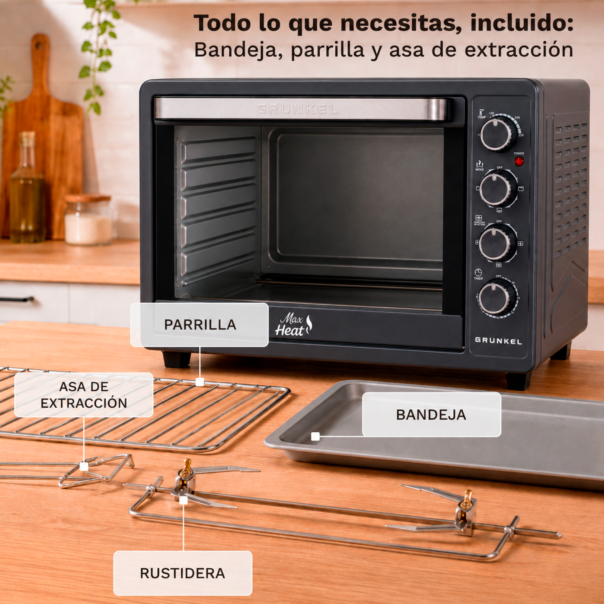 Un horno negro Grunkel sobre una encimera de madera con bandeja, parrilla y asa de extracción al frente.