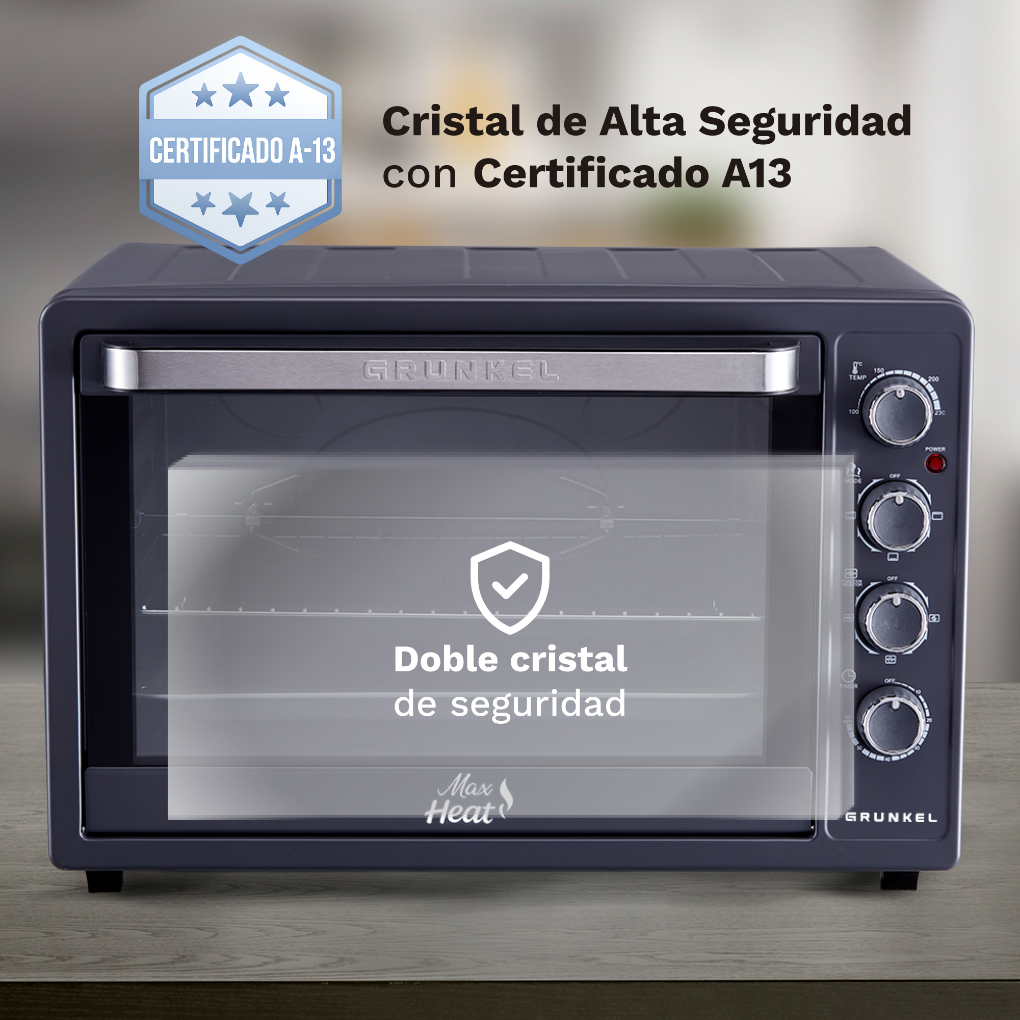 Mini horno Grunkel gris oscuro con cuatro mandos, puerta de doble cristal y certificado de seguridad A13.