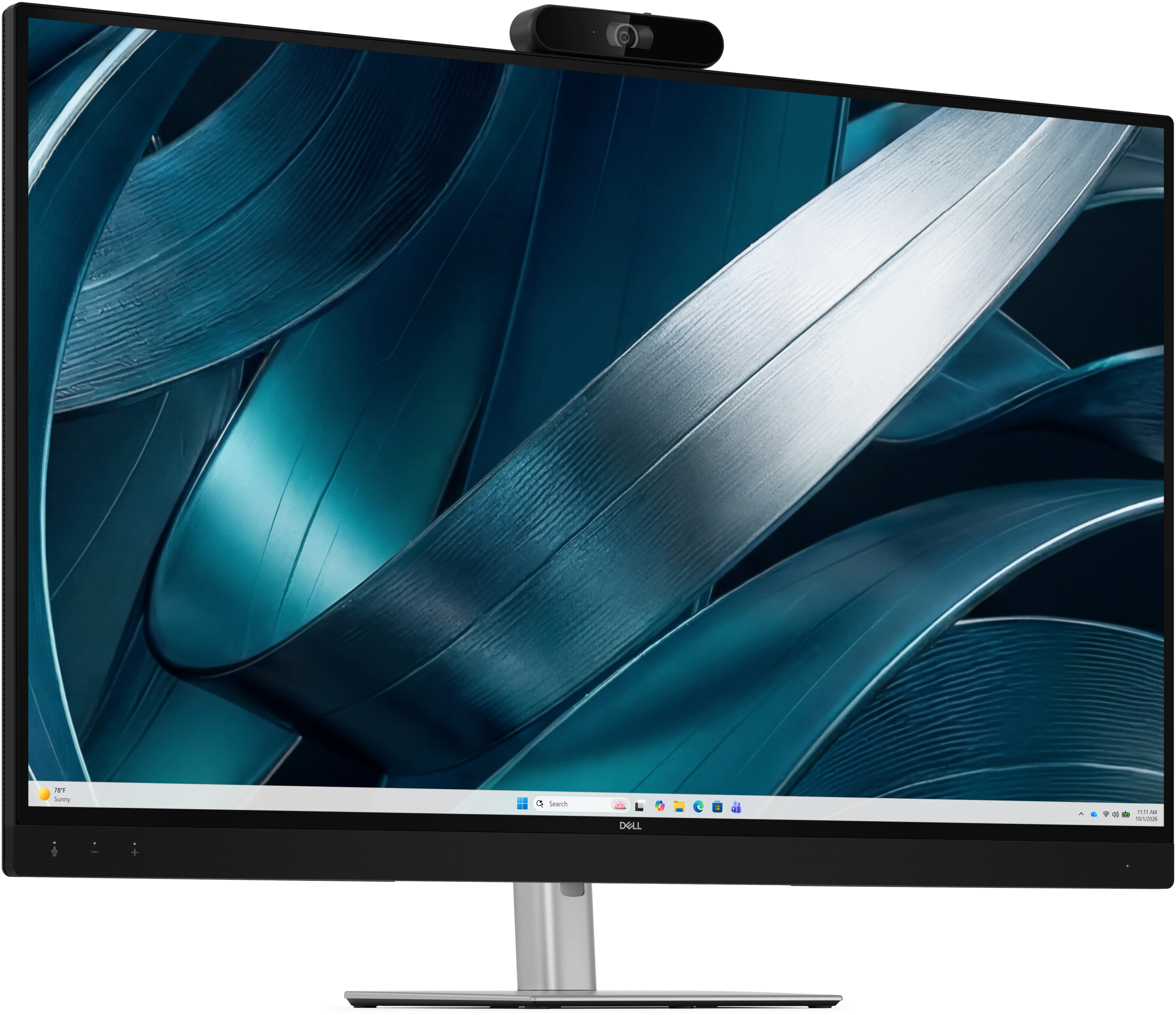 Un moderno monitor Dell con webcam mostra un motivo astratto di pianta blu.