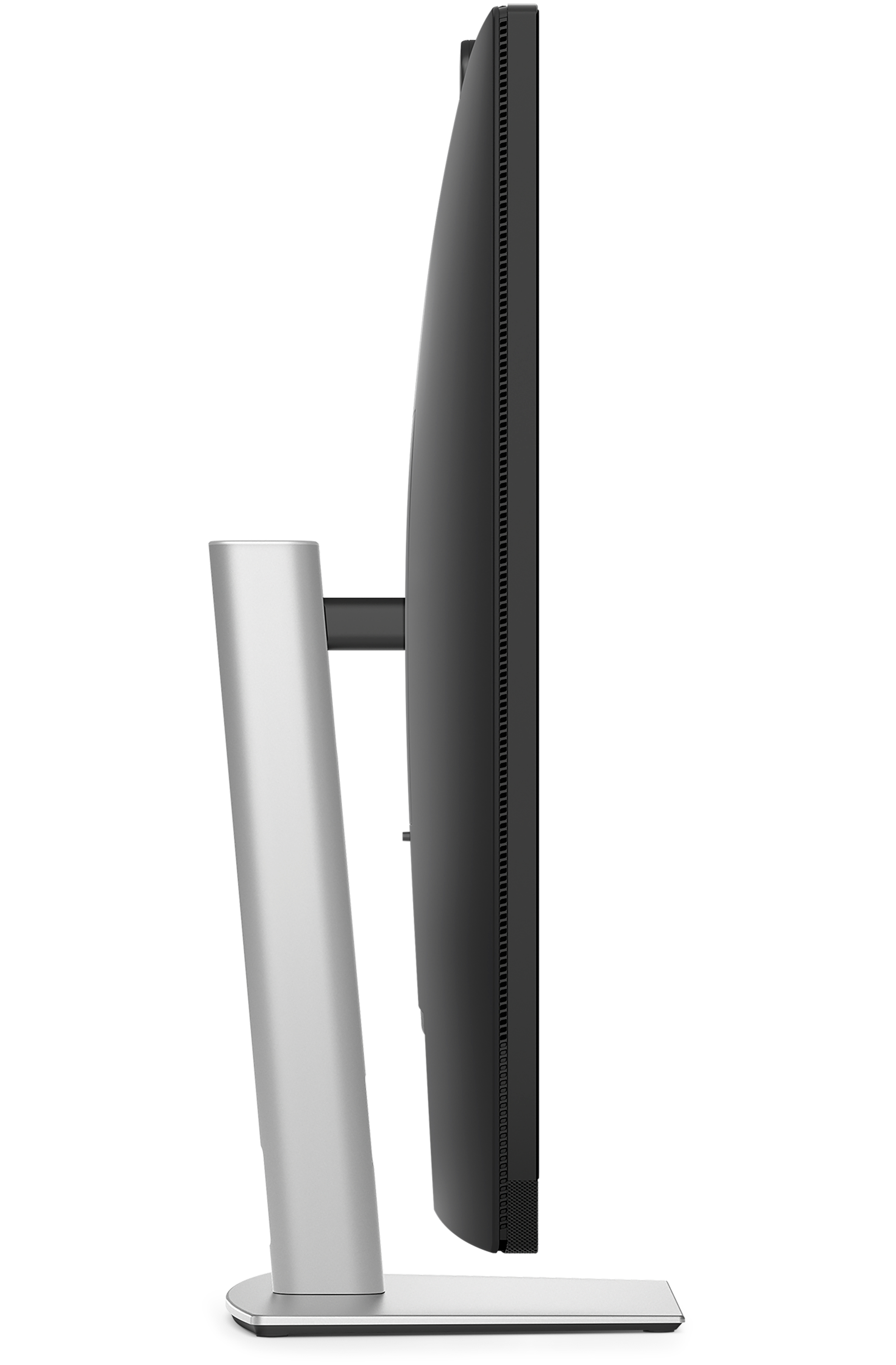 Vista laterale di un monitor nero sottile su supporto argento con sfondo bianco.