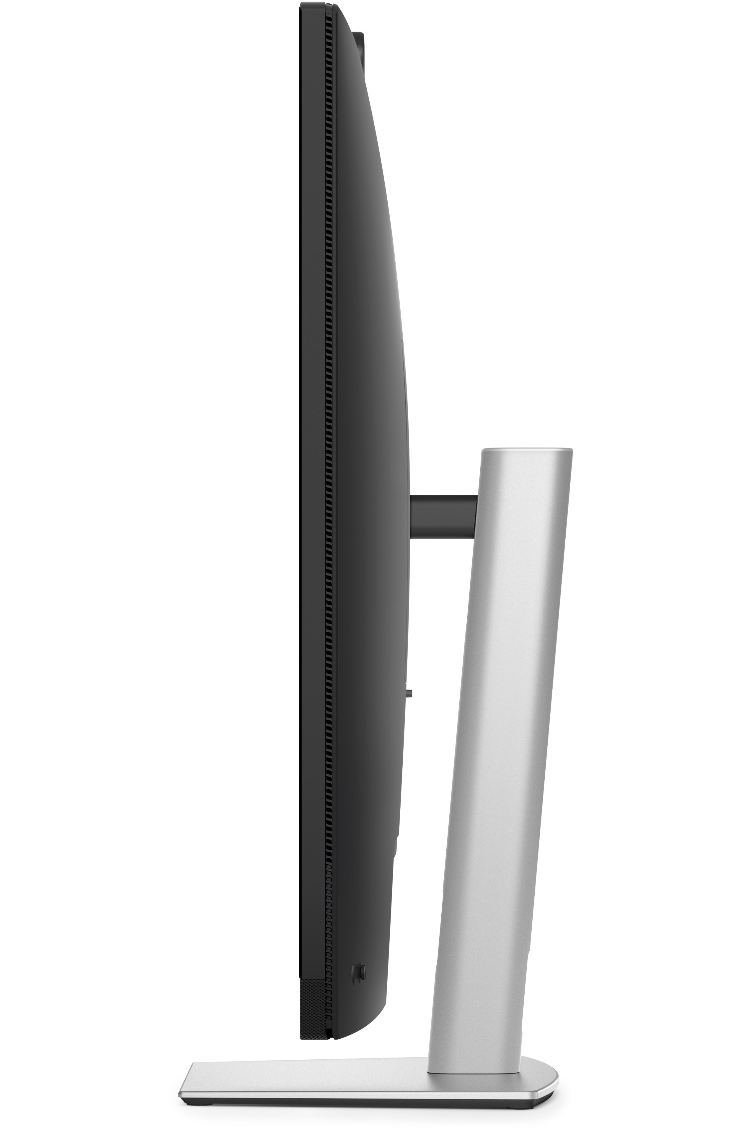 Vista laterale di un monitor nero con supporto argento su sfondo bianco.