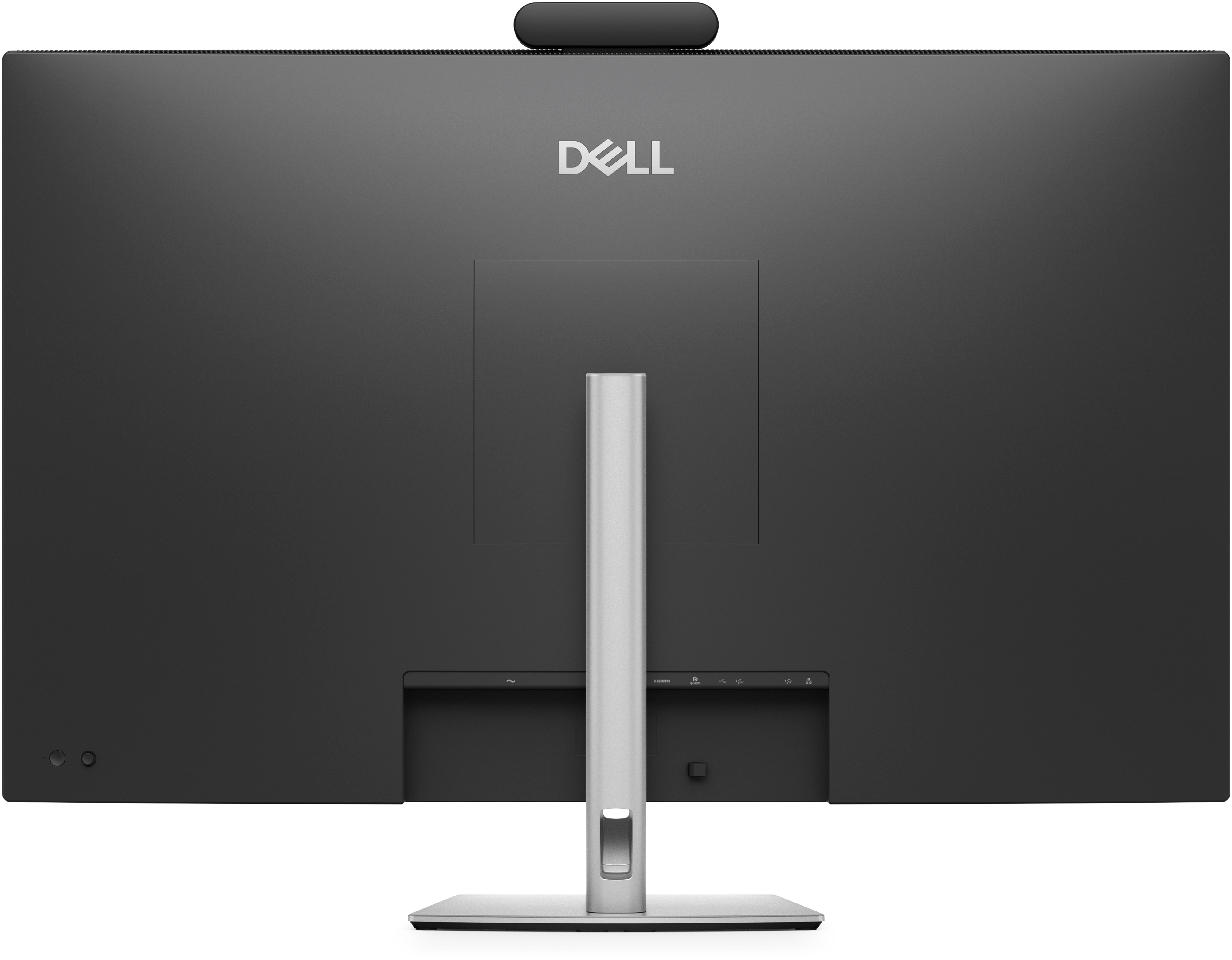 Vista posteriore di un monitor Dell nero con supporto argento e webcam.