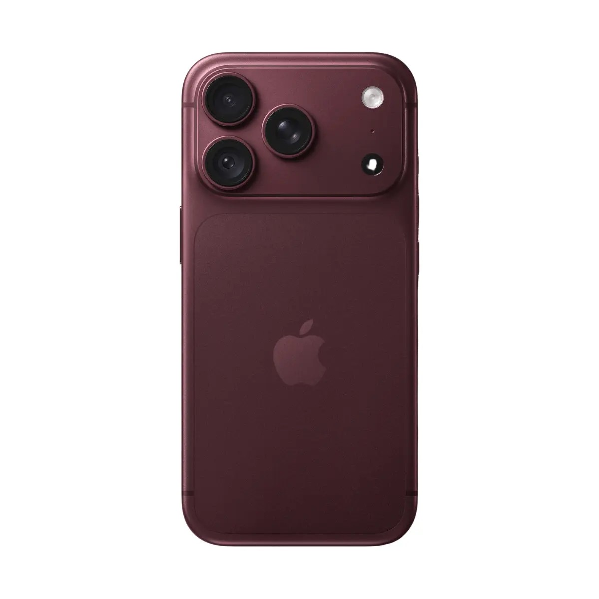 Rückseite eines dunkelroten Smartphones mit drei Kameras, Blitz und Apple-Logo.