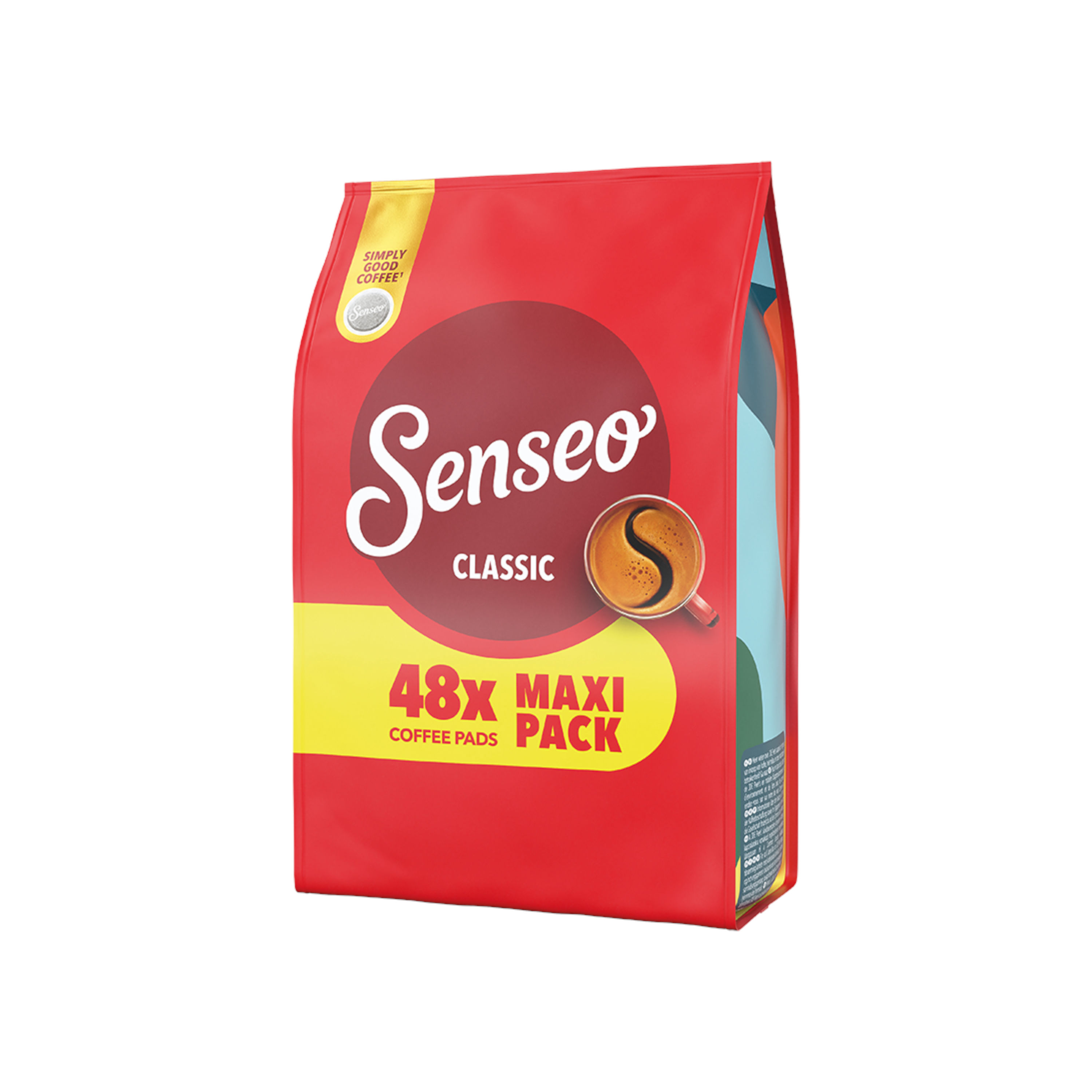 Eine rote Senseo Classic Maxi-Pack Kaffeekapadcung mit 48 Pads auf weißem Hintergrund.