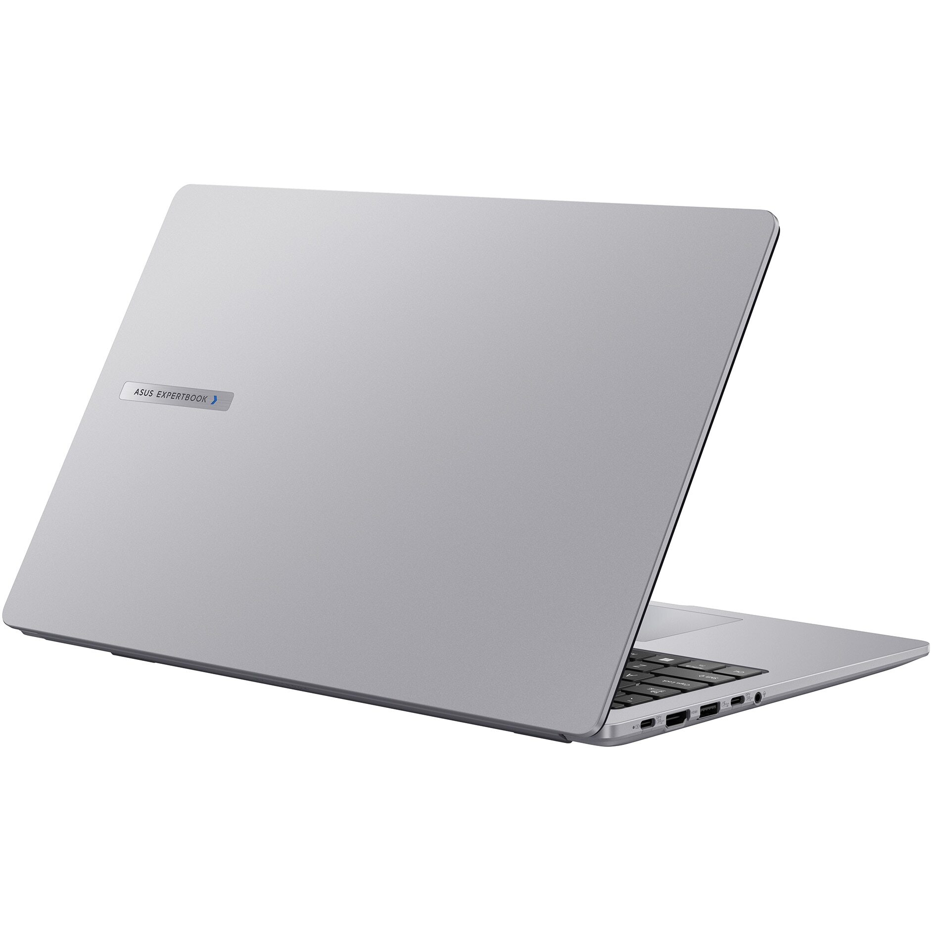 Ein silberner ASUS ExpertBook Laptop steht geschlossen auf weißem Hintergrund mit sichtbaren Anschlüssen.