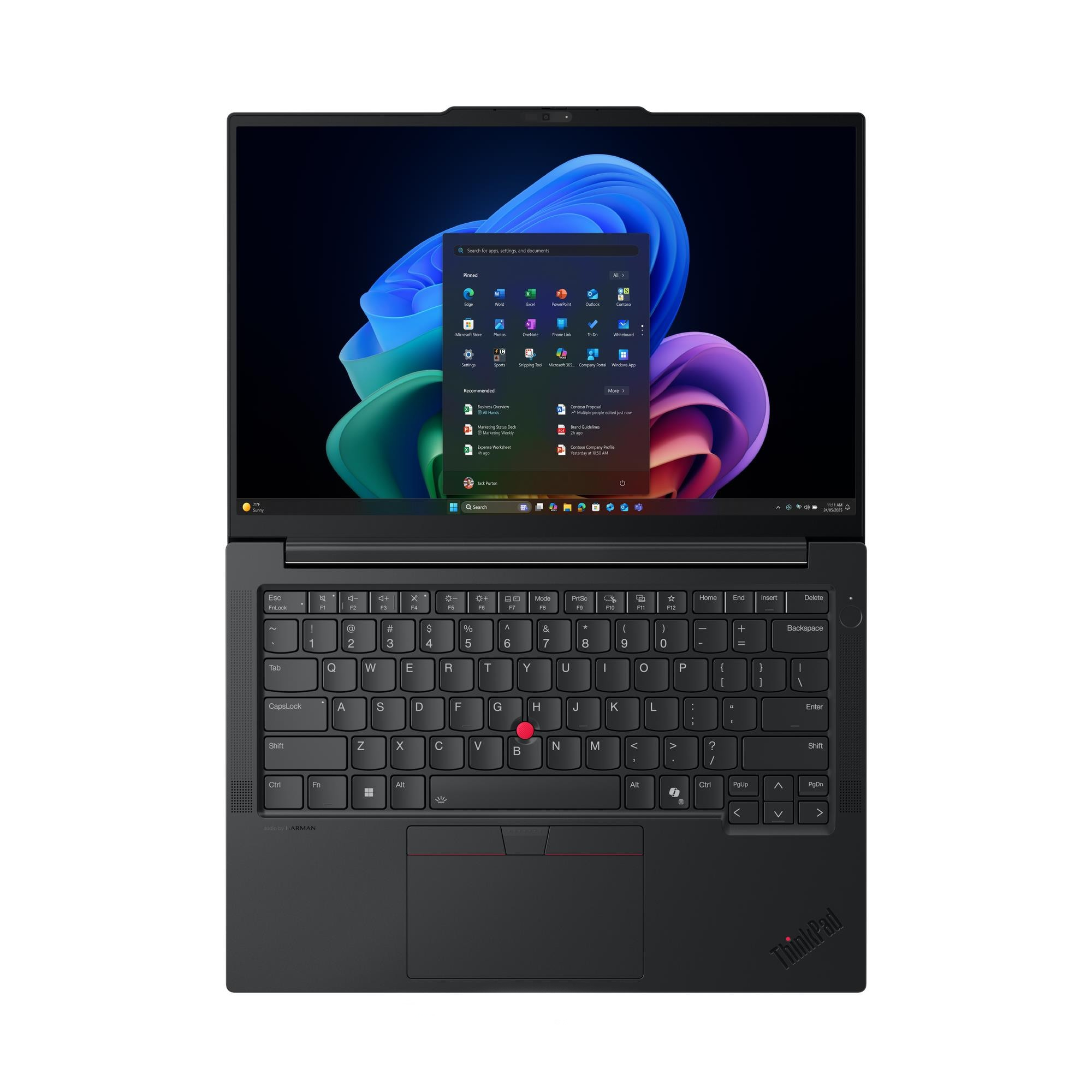Un laptop ThinkPad nero aperto mostra il desktop di Windows 11 con uno sfondo astratto blu e viola.