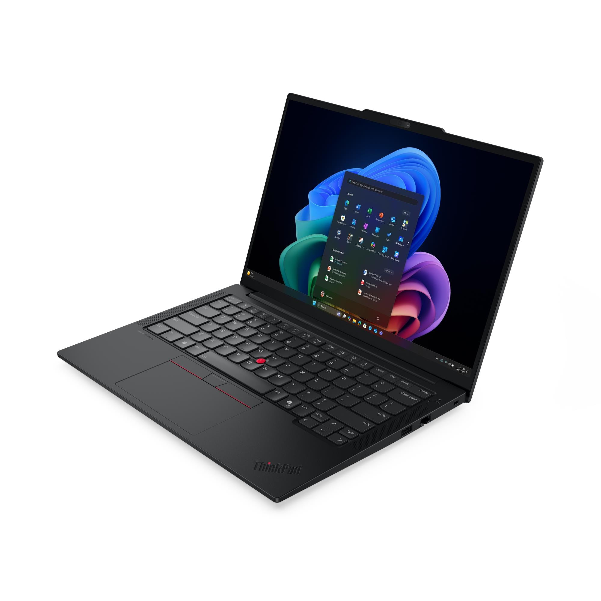 Un laptop ThinkPad nero aperto su sfondo bianco con schermata Windows 11 colorata.