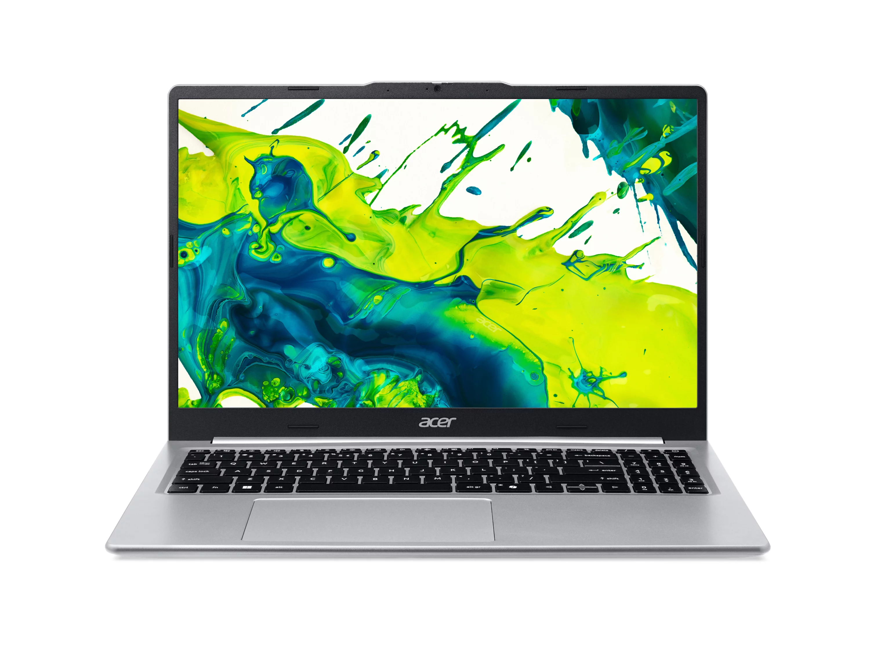 Ein geöffneter silberner Acer-Laptop mit einer lebendigen grün-blauen abstrakten Farbspritzer-Hintergrundbild.
