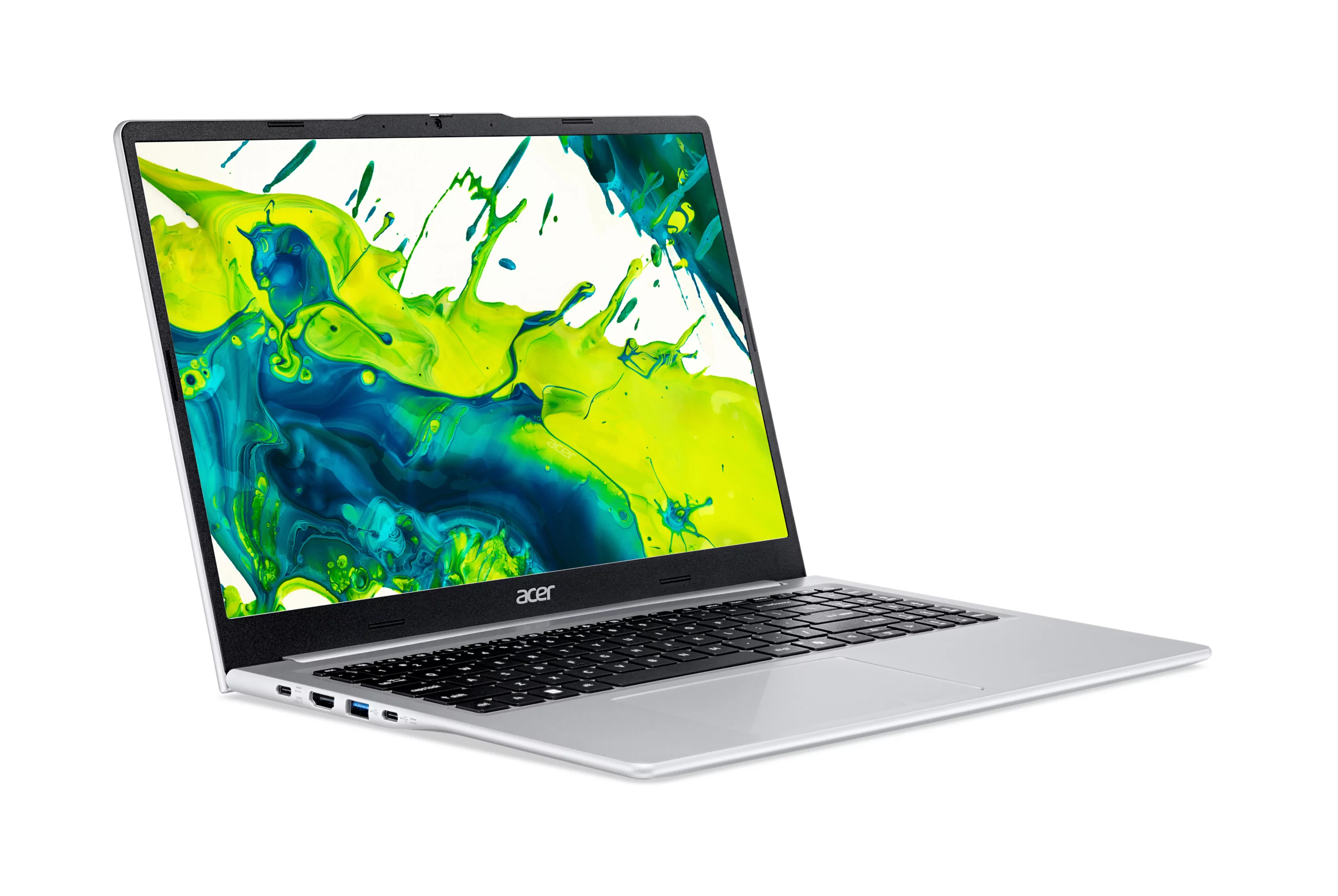 Ein silberner Acer-Laptop zeigt einen bunten, abstrakten grünen und blauen Hintergrund auf dem Display.