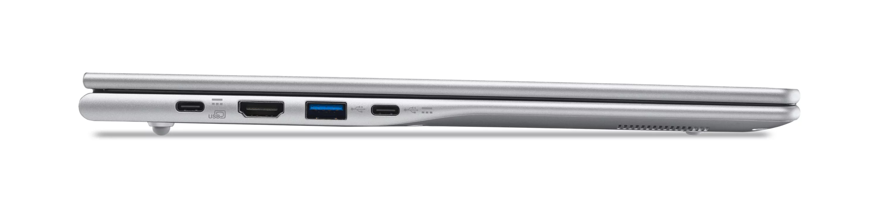 Seitenansicht eines silbernen Laptops mit USB-C-, HDMI- und USB-Anschlüssen.