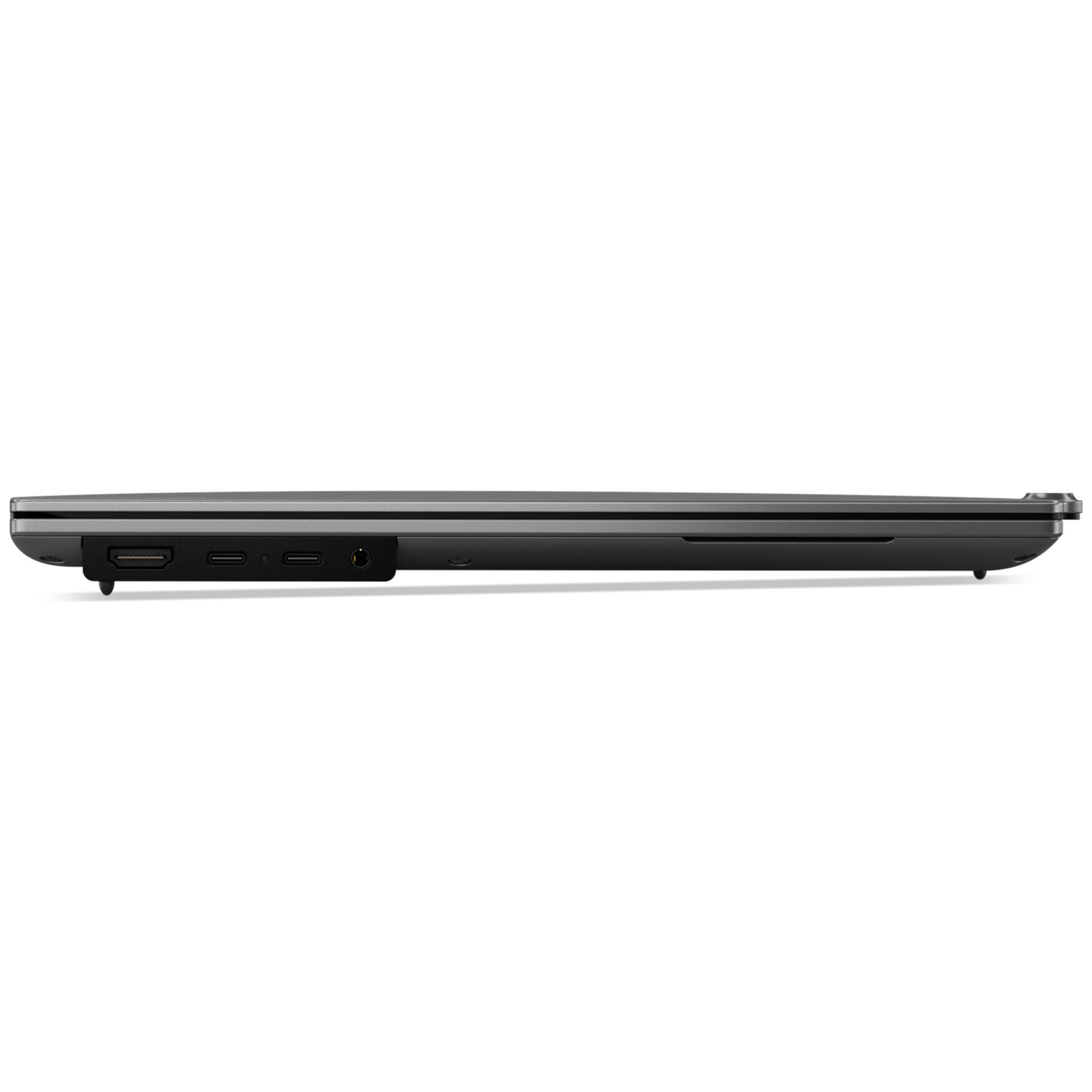 Zijaanzicht van een grijze laptop met HDMI- en USB-C-poorten.