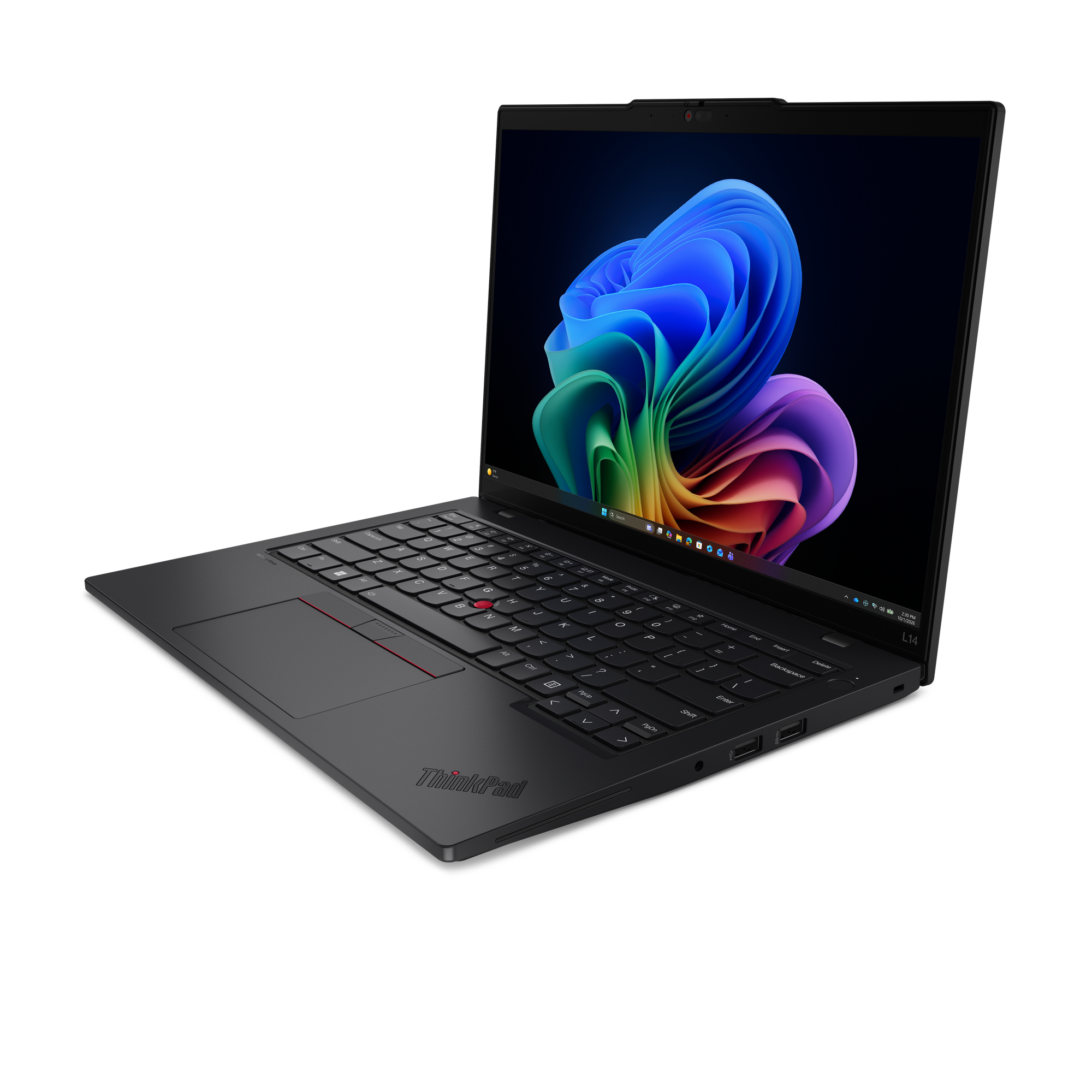 Schwarzes ThinkPad-Notebook mit beleuchtetem Bildschirm und einem abstrakten blauen und bunten Wellenmuster.