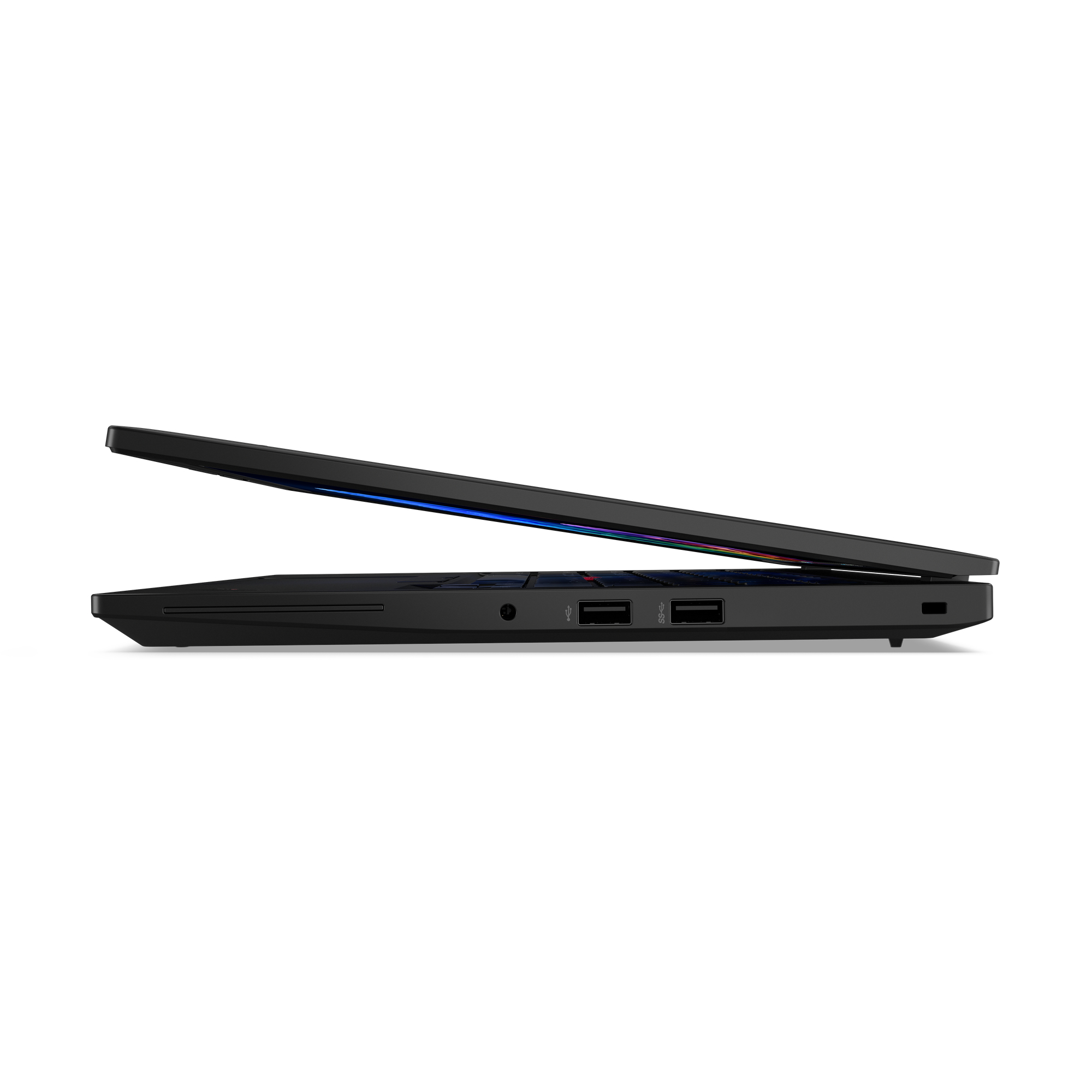 Seitenansicht eines geschlossenen schwarzen Laptops mit sichtbaren Anschlüssen und USB-Ports.